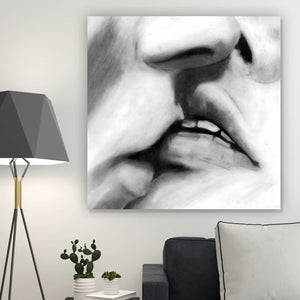 Aluminiumbild gebürstet Küssende Lippen Vintage Zeichenstil Quadrat