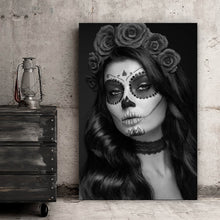 Lade das Bild in den Galerie-Viewer, Aluminiumbild La Catrina Schwarz Weiß Hochformat
