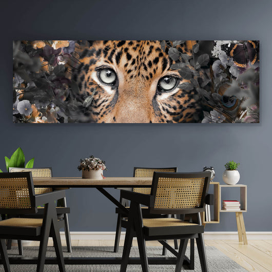 Acrylglasbild Leopard im Blütenwald Panorama