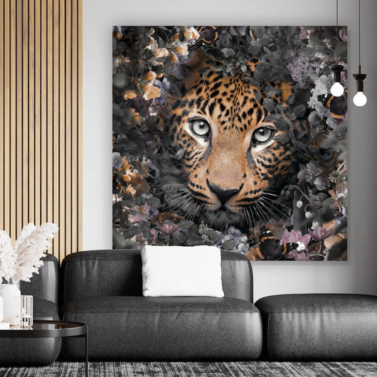 Poster Leopard im Blütenwald Quadrat