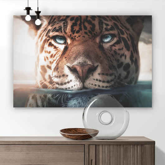 Acrylglasbild Leopard unter Wasser Querformat