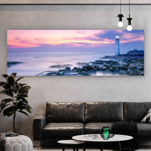 Lade das Bild in den Galerie-Viewer, Aluminiumbild gebürstet Leuchtturm mit lila Wolken Panorama
