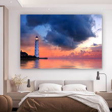 Lade das Bild in den Galerie-Viewer, Leinwandbild Leuchtturm Sonnenuntergang Querformat

