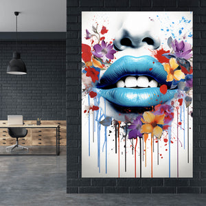 Leinwandbild Lippen Blüten Pop Art Hochformat