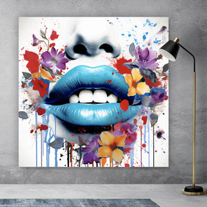 Leinwandbild Lippen Blüten Pop Art Quadrat