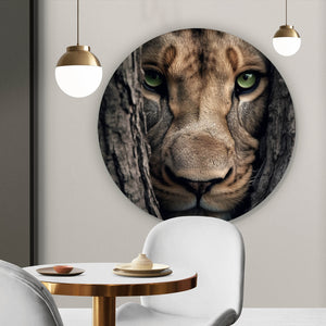 Aluminiumbild Löwe hinter einem Baum Kreis