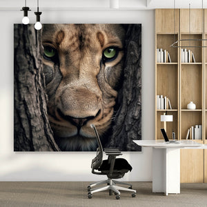 Aluminiumbild Löwe hinter einem Baum Quadrat