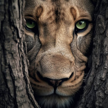 Lade das Bild in den Galerie-Viewer, Leinwandbild Löwe hinter einem Baum Quadrat

