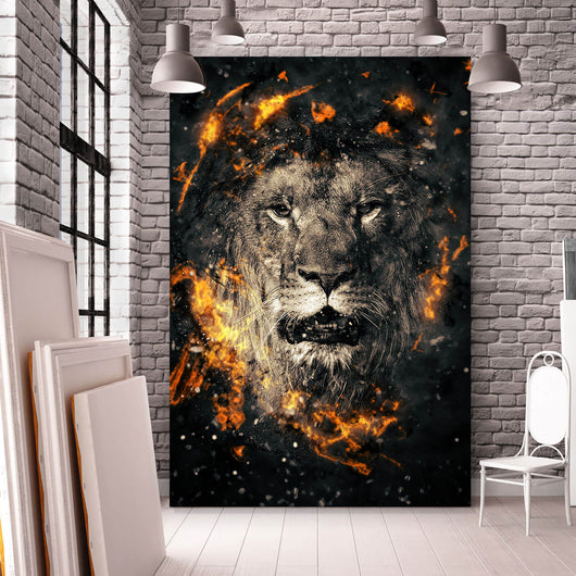 Acrylglasbild Löwe in Flammen Hochformat