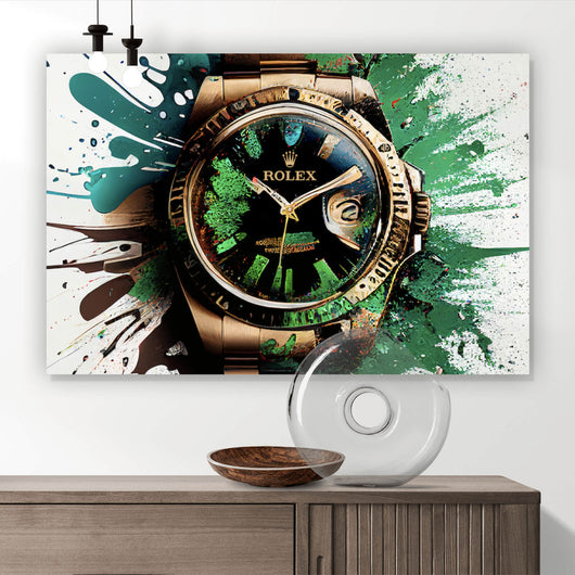 Aluminiumbild Luxus Uhr Pop Art Grün Abstrakt Querformat