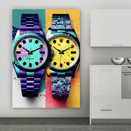 Acrylglasbild Luxus Uhren Pop Art Duo Abstrakt Hochformat