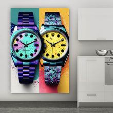 Lade das Bild in den Galerie-Viewer, Aluminiumbild gebürstet Luxus Uhren Pop Art Duo Abstrakt Hochformat
