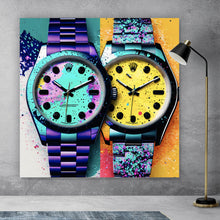 Lade das Bild in den Galerie-Viewer, Aluminiumbild gebürstet Luxus Uhren Pop Art Duo Abstrakt Quadrat
