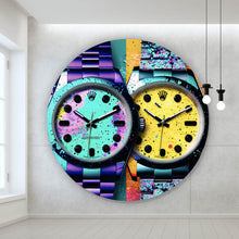 Lade das Bild in den Galerie-Viewer, Aluminiumbild gebürstet Luxus Uhren Pop Art Duo Abstrakt Kreis
