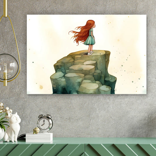 Acrylglasbild Mädchen verträumt auf Fels Querformat