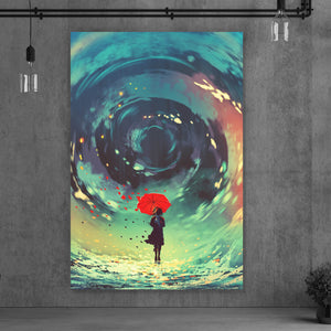 Leinwandbild Mädchen mit rotem Regenschirm Digital Art Hochformat