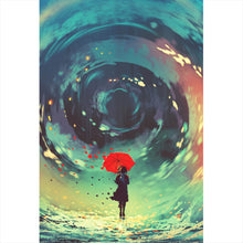 Lade das Bild in den Galerie-Viewer, Leinwandbild Mädchen mit rotem Regenschirm Digital Art Hochformat
