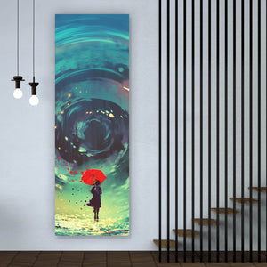 Leinwandbild Mädchen mit rotem Regenschirm Digital Art Panorama Hoch