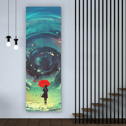 Leinwandbild Mädchen mit rotem Regenschirm Digital Art Panorama Hoch