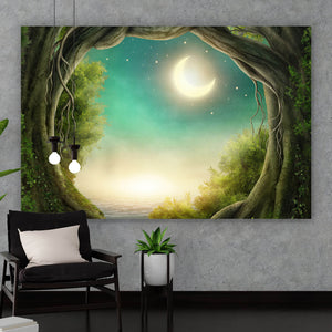 Leinwandbild Märchenwald im Mondlicht Querformat