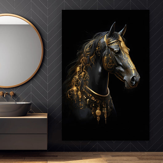 Acrylglasbild Majestätisches Pferd mit Gold Ornamenten Hochformat