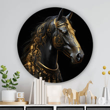 Lade das Bild in den Galerie-Viewer, Aluminiumbild gebürstet Majestätisches Pferd mit Gold Ornamenten Kreis
