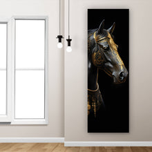 Lade das Bild in den Galerie-Viewer, Aluminiumbild gebürstet Majestätisches Pferd mit Gold Ornamenten Panorama Hoch
