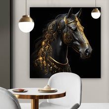 Lade das Bild in den Galerie-Viewer, Aluminiumbild gebürstet Majestätisches Pferd mit Gold Ornamenten Quadrat
