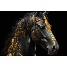 Lade das Bild in den Galerie-Viewer, Acrylglasbild Majestätisches Pferd mit Gold Ornamenten Querformat
