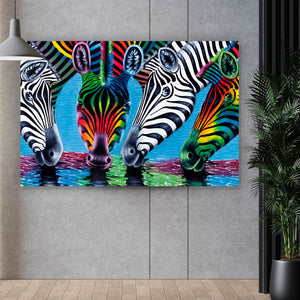 Aluminiumbild Malerei Bunte Zebras Querformat