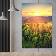 Lade das Bild in den Galerie-Viewer, Poster Malerischer Sonnenuntergang über den Wäldern Hochformat

