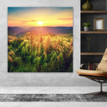 Lade das Bild in den Galerie-Viewer, Aluminiumbild Malerischer Sonnenuntergang über den Wäldern Quadrat
