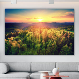Aluminiumbild Malerischer Sonnenuntergang über den Wäldern Querformat