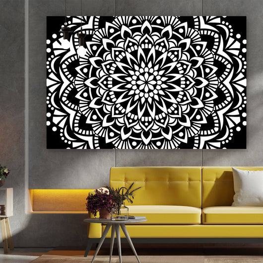 Spannrahmenbild Mandala Schwarz Weiß Querformat