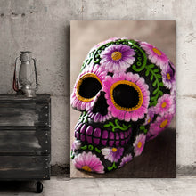 Lade das Bild in den Galerie-Viewer, Aluminiumbild Mexikanischer Schädel mit Blumen Hochformat
