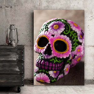 Spannrahmenbild Mexikanischer Schädel mit Blumen Hochformat