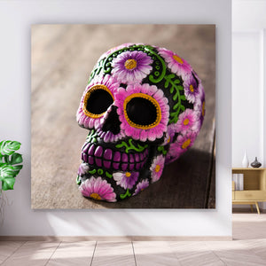 Leinwandbild Mexikanischer Schädel mit Blumen Quadrat