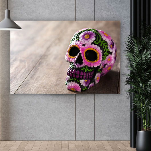 Aluminiumbild Mexikanischer Schädel mit Blumen Querformat