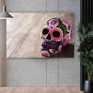Spannrahmenbild Mexikanischer Schädel mit Blumen Querformat