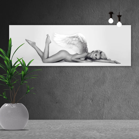 Leinwandbild Nackte Frau mit Engelsflügeln im Panorama, Aufhängefertig &  Versandkostenfrei – Wandguru