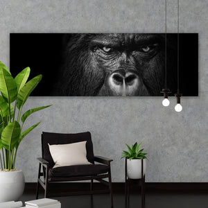 Acrylglasbild Nahaufnahme Gorilla auf schwarzem Hintergrund Panorama