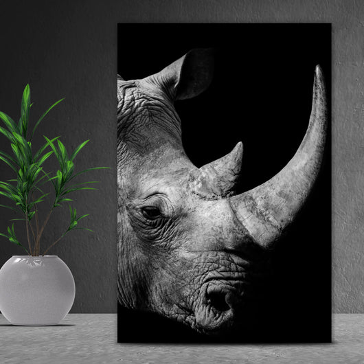 Acrylglasbild Nashorn auf schwarzem Hintergrund Hochformat