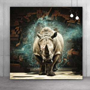 Spannrahmenbild Nashorn bricht durch die Wand Quadrat
