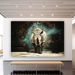 Spannrahmenbild Nashorn bricht durch die Wand Querformat