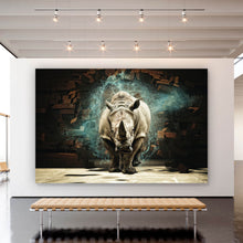 Lade das Bild in den Galerie-Viewer, Aluminiumbild gebürstet Nashorn bricht durch die Wand Querformat
