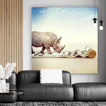 Lade das Bild in den Galerie-Viewer, Aluminiumbild gebürstet Nashorn mit Geldschein Teppich Quadrat
