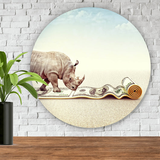 Aluminiumbild Nashorn mit Geldschein Teppich Kreis
