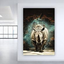 Lade das Bild in den Galerie-Viewer, Aluminiumbild gebürstet Nashorn bricht durch die Wand Hochformat
