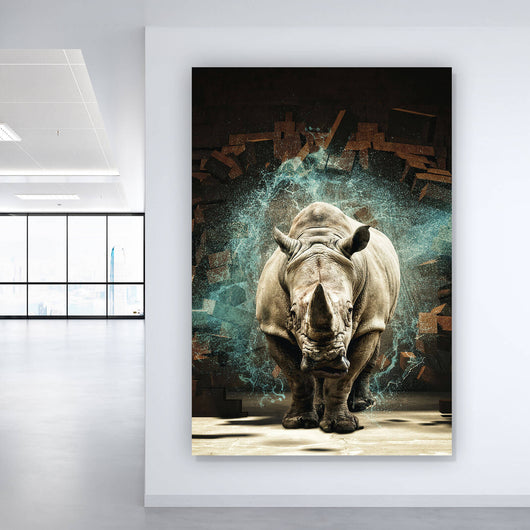 Aluminiumbild Nashorn bricht durch die Wand Hochformat