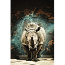 Lade das Bild in den Galerie-Viewer, Spannrahmenbild Nashorn bricht durch die Wand Hochformat
